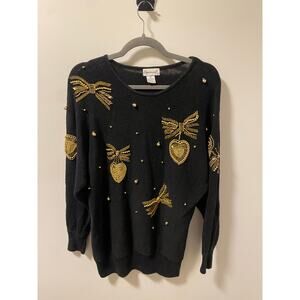 Vintage Eminent Black Knit Gold Beaded Bow & Heart Long Sleeve Sweater-Size L